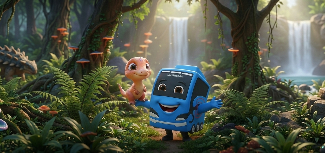 Ilustração digital em formato panorâmico de um cenário pré-histórico fantástico. No centro, um ônibus azul antropomórfico sorridente com a inscrição 'GUANABARA' estende os braços. Um pequeno dinossauro laranja está equilibrado em seu braço direito. O fundo apresenta uma floresta densa com samambaias, cogumelos brilhantes, uma cachoeira iluminada pelo sol e outro dinossauro ao longe.