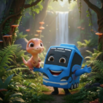 Ilustração digital em formato panorâmico de um cenário pré-histórico fantástico. No centro, um ônibus azul antropomórfico sorridente com a inscrição 'GUANABARA' estende os braços. Um pequeno dinossauro laranja está equilibrado em seu braço direito. O fundo apresenta uma floresta densa com samambaias, cogumelos brilhantes, uma cachoeira iluminada pelo sol e outro dinossauro ao longe.