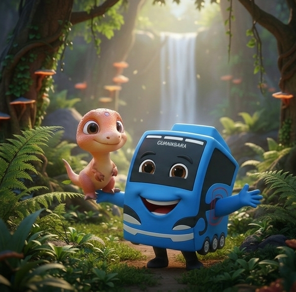 Ilustração digital em formato panorâmico de um cenário pré-histórico fantástico. No centro, um ônibus azul antropomórfico sorridente com a inscrição 'GUANABARA' estende os braços. Um pequeno dinossauro laranja está equilibrado em seu braço direito. O fundo apresenta uma floresta densa com samambaias, cogumelos brilhantes, uma cachoeira iluminada pelo sol e outro dinossauro ao longe.